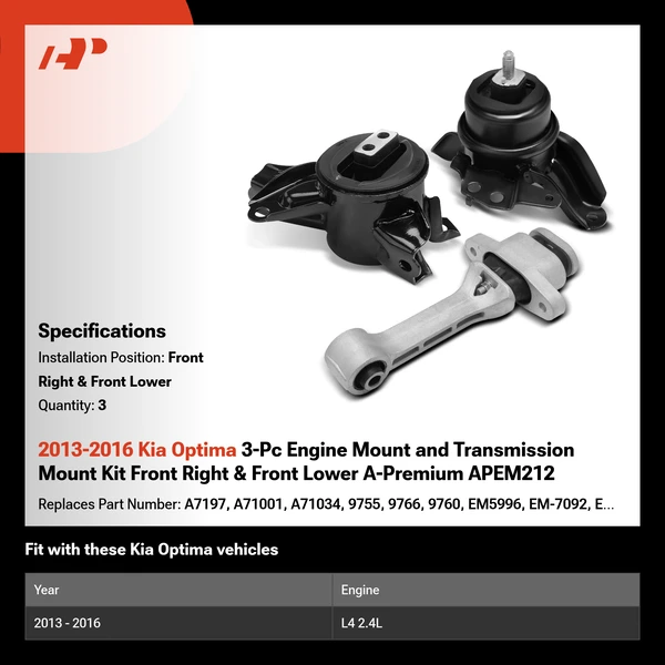 2013-2016 Kia Optima 3-Pc Engine Mount and Transmission Mount Kit Front Right & Front Lower A-Premium APEM212