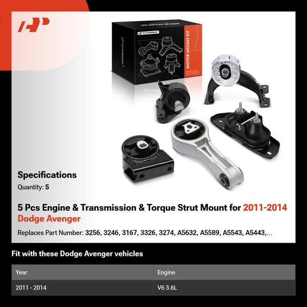 5 Pcs Engine & Transmission & Torque Strut Mount for 2011-2014 Dodge Avenger