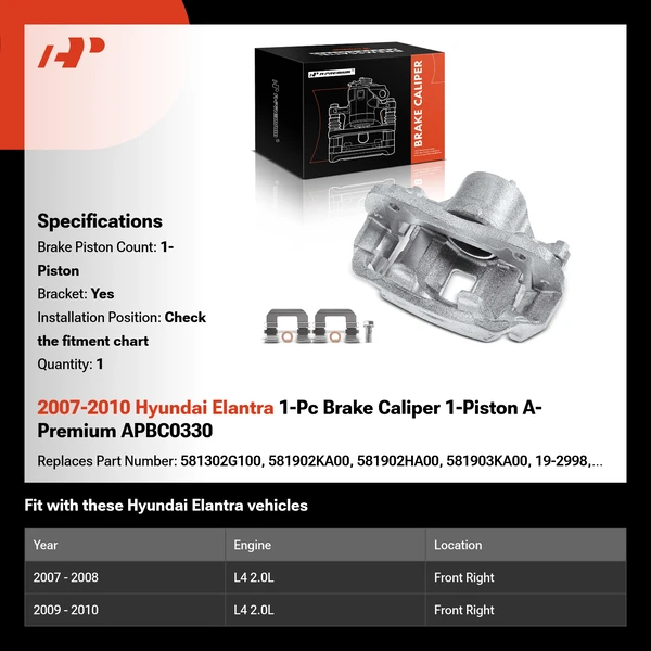 2007-2010 Hyundai Elantra 1-Pc Brake Caliper 1-Piston A-Premium APBC0330