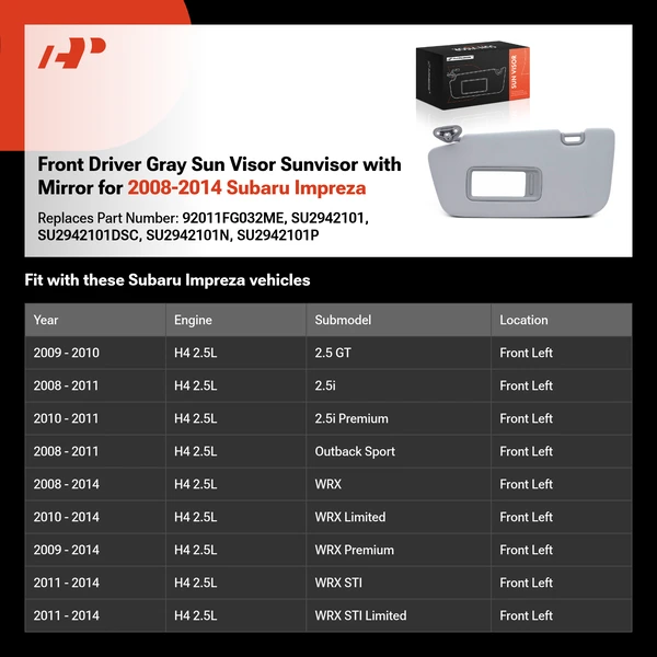 Front Driver Gray Sun Visor Sunvisor with Mirror for 2008-2014 Subaru Impreza