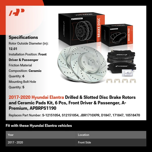 2017-2020 Hyundai Elantra Drilled & Slotted Disc Brake Rotors and Ceramic Pads Kit, 6 Pcs, Front Driver & Passenger, A-Premium, APBRPS1190