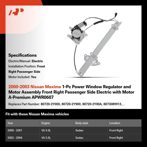 2000-2003 Nissan Maxima 1-Pc Power Window Regulator and Motor Assembly Front Right Passenger Side Electric with Motor A-Premium APWR0607