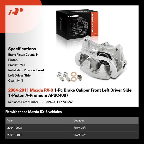 2004-2011 Mazda RX-8 1-Pc Brake Caliper Front Left Driver Side 1-Piston A-Premium APBC4007