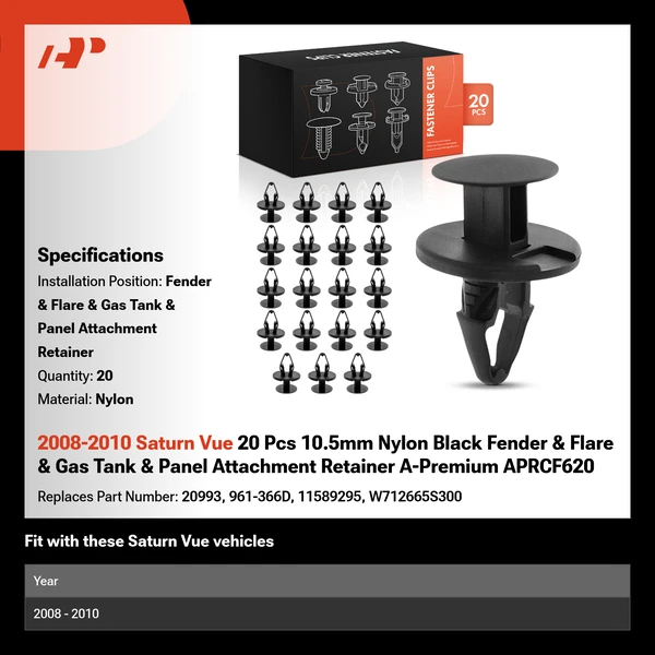 2008-2010 Saturn Vue 20 Pcs 10.5mm Nylon Black Fender & Flare & Gas Tank & Panel Attachment Retainer A-Premium APRCF620
