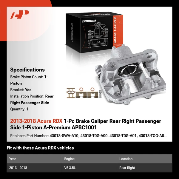 2013-2018 Acura RDX 1-Pc Brake Caliper Rear Right Passenger Side 1-Piston A-Premium APBC1001