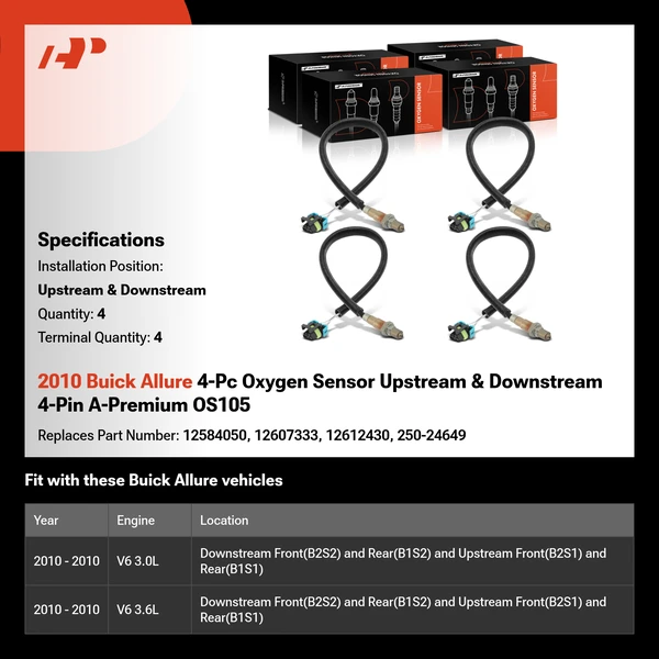2010 Buick Allure 4-Pc Oxygen Sensor Upstream & Downstream 4-Pin A-Premium OS105