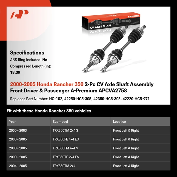 2000-2005 Honda Rancher 350 2-Pc CV Axle Shaft Assembly Front Driver & Passenger A-Premium APCVA2758