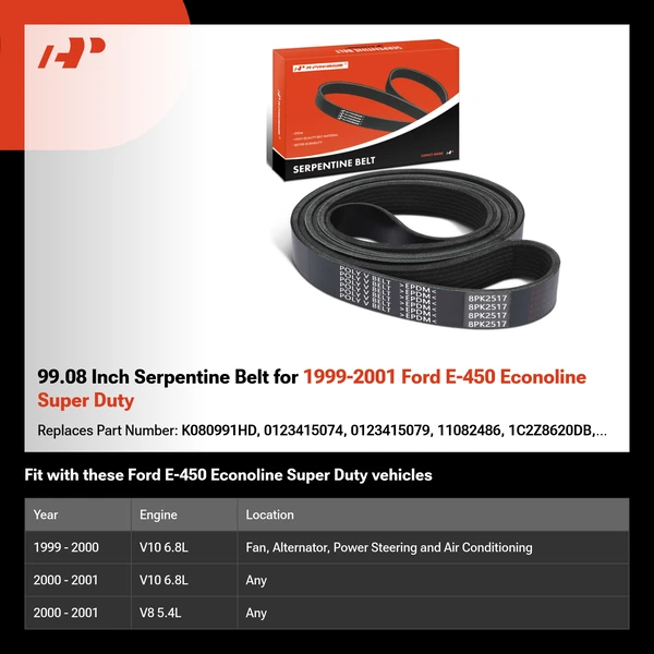 99.08 Inch Serpentine Belt for 1999-2001 Ford E-450 Econoline Super Duty