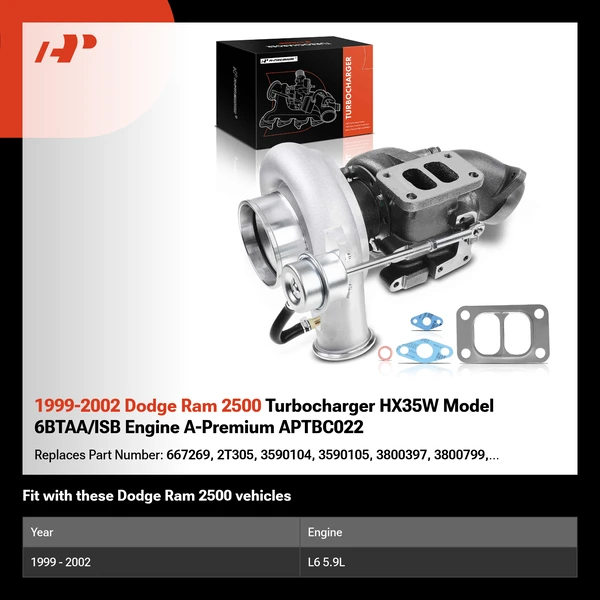 1999-2002 Dodge Ram 2500 Turbocharger HX35W Model 6BTAA/ISB Engine A-Premium APTBC022