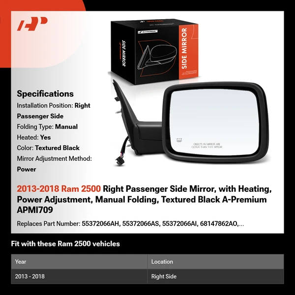 2013-2018 Ram 2500 Right Passenger Side Mirror, with Heating, Power Adjustment, Manual Folding, Textured Black A-Premium APMI709
