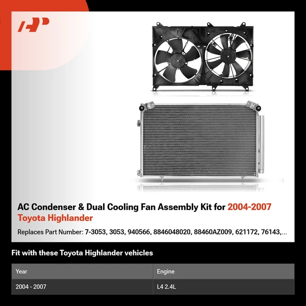 AC Condenser & Dual Cooling Fan Assembly Kit for 2004-2007 Toyota Highlander