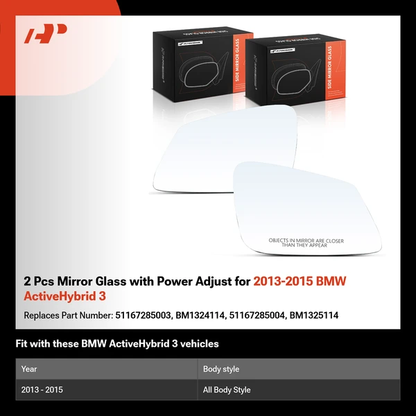 2 Pcs Mirror Glass with Power Adjust for 2013-2015 BMW ActiveHybrid 3
