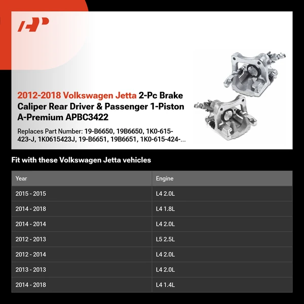 2012-2018 Volkswagen Jetta 2-Pc Brake Caliper Rear Driver & Passenger 1-Piston A-Premium APBC3422
