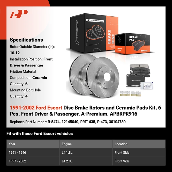 1991-2002 Ford Escort Disc Brake Rotors and Ceramic Pads Kit, 6 Pcs, Front Driver & Passenger, A-Premium, APBRPR916