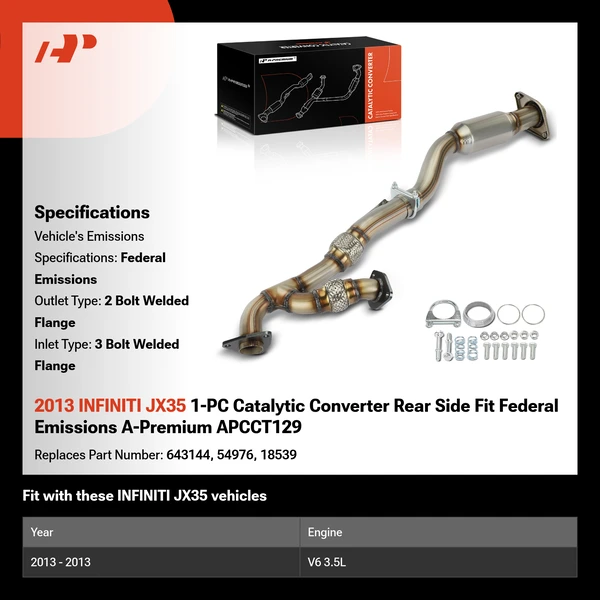 2013 INFINITI JX35 1-PC Catalytic Converter Rear Side Fit Federal Emissions A-Premium APCCT129