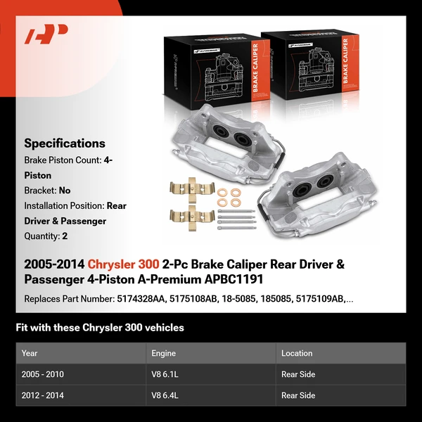 2005-2014 Chrysler 300 2-Pc Brake Caliper Rear Driver & Passenger 4-Piston A-Premium APBC1191