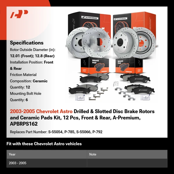 2003-2005 Chevrolet Astro Drilled & Slotted Disc Brake Rotors and Ceramic Pads Kit, 12 Pcs, Front & Rear, A-Premium, APBRPS162