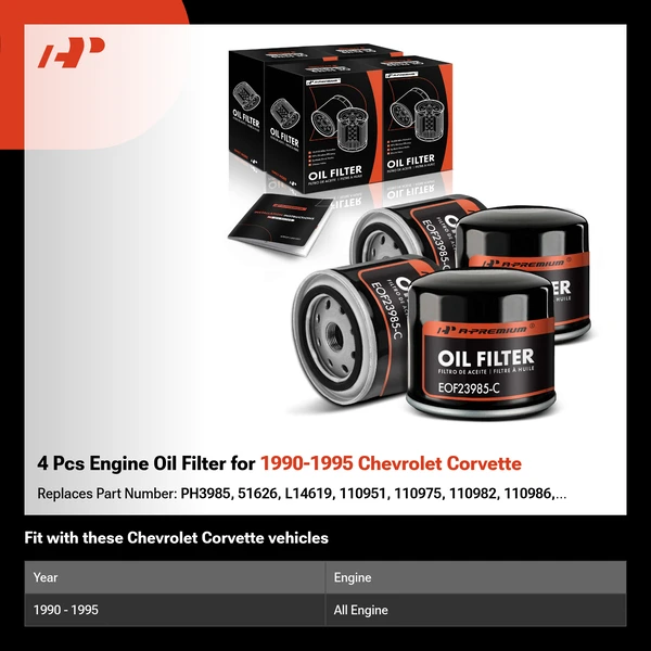 4 Pcs Engine Oil Filter for 1990-1995 Chevrolet Corvette