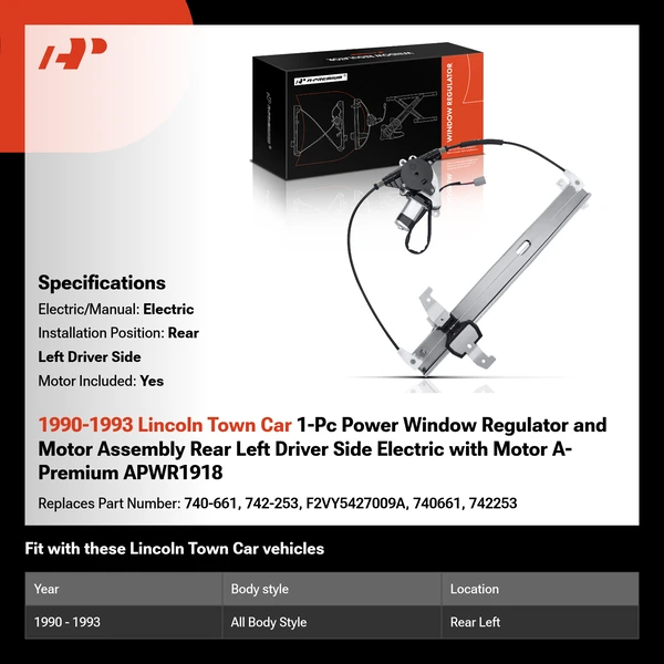 1990-1993 Lincoln Town Car 1-Pc Power Window Regulator and Motor Assembly Rear Left Driver Side Electric with Motor A-Premium APWR1918