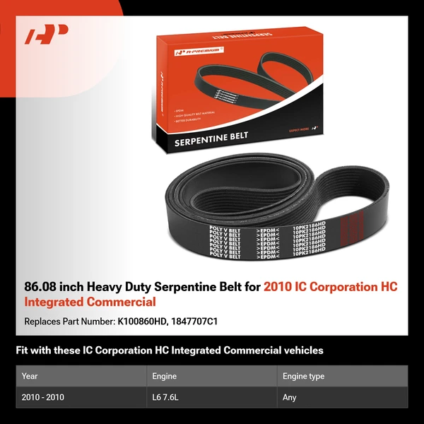 86.08 inch Heavy Duty Serpentine Belt for 2010 IC Corporation HC Integrated Commercial