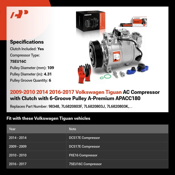2009-2010 2014 2016-2017 Volkswagen Tiguan AC Compressor with Clutch with 6-Groove Pulley A-Premium APACC180