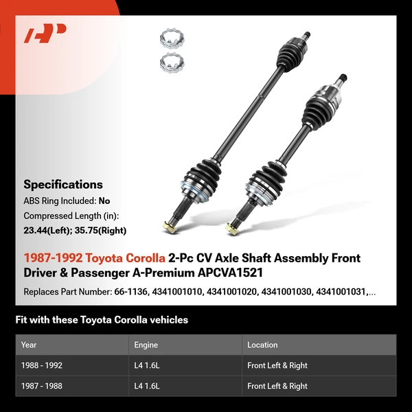 1987-1992 Toyota Corolla 2-Pc CV Axle Shaft Assembly Front Driver & Passenger A-Premium APCVA1521