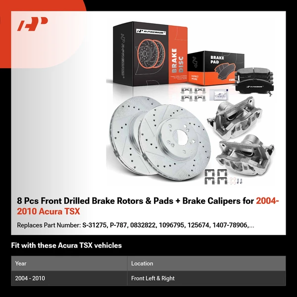 8 Pcs Front Drilled Brake Rotors & Pads + Brake Calipers for 2004-2010 Acura TSX