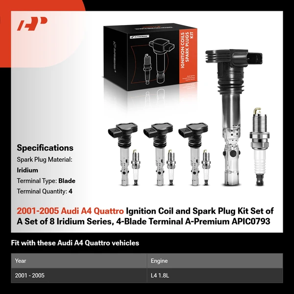 2001-2005 Audi A4 Quattro Ignition Coil and Spark Plug Kit Set of A Set of 8 Iridium Series, 4-Blade Terminal A-Premium APIC0793