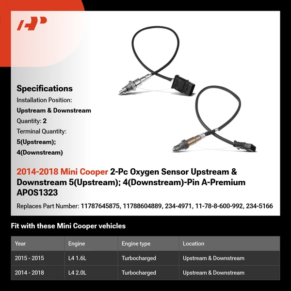 2014-2018 Mini Cooper 2-Pc Oxygen Sensor Upstream & Downstream 5(Upstream); 4(Downstream)-Pin A-Premium APOS1323