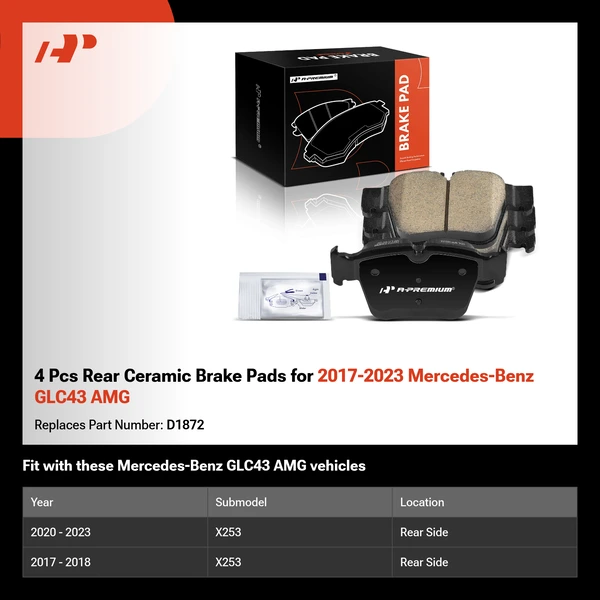 4 Pcs Rear Ceramic Brake Pads for 2017-2023 Mercedes-Benz GLC43 AMG