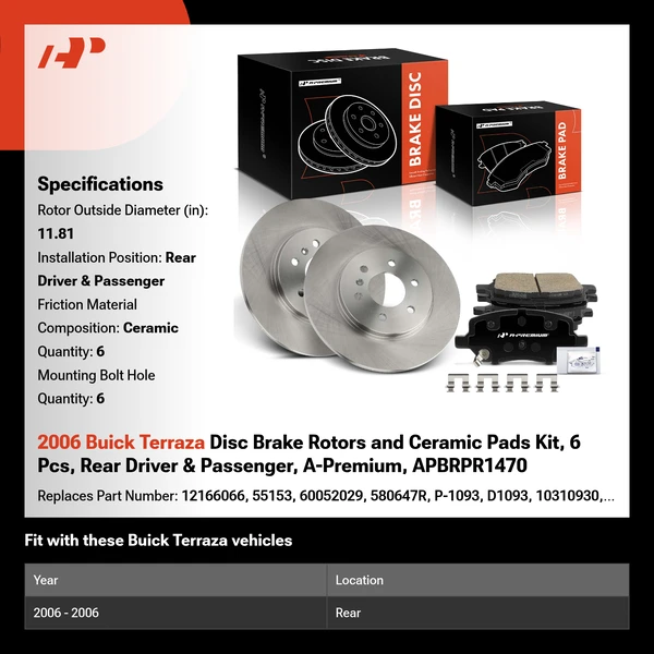2006 Buick Terraza Disc Brake Rotors and Ceramic Pads Kit, 6 Pcs, Rear Driver & Passenger, A-Premium, APBRPR1470