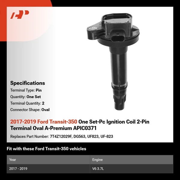 2017-2019 Ford Transit-350 One Set-Pc Ignition Coil 2-Pin Terminal Oval A-Premium APIC0371
