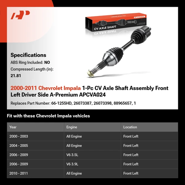 2000-2011 Chevrolet Impala 1-Pc CV Axle Shaft Assembly Front Left Driver Side A-Premium APCVA024