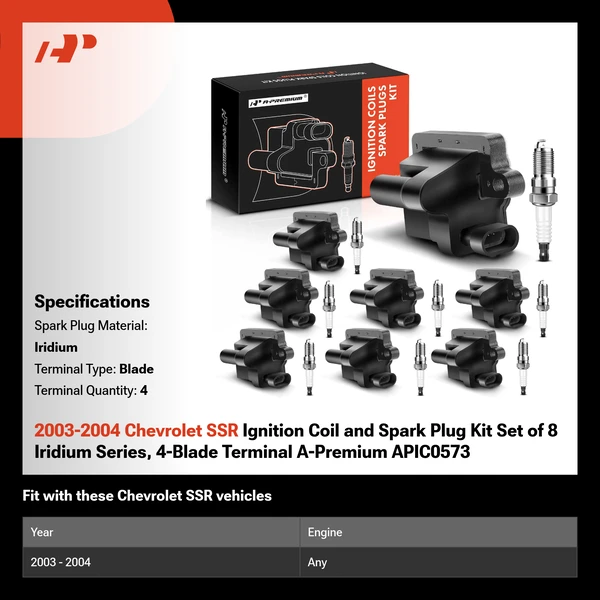 2003-2004 Chevrolet SSR Ignition Coil and Spark Plug Kit Set of 8 Iridium Series, 4-Blade Terminal A-Premium APIC0573
