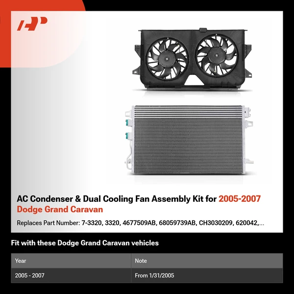 AC Condenser & Dual Cooling Fan Assembly Kit for 2005-2007 Dodge Grand Caravan