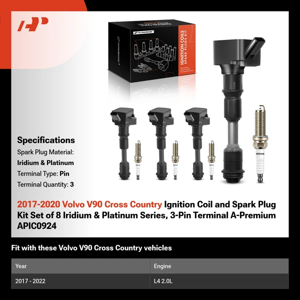 2017-2020 Volvo V90 Cross Country Ignition Coil and Spark Plug Kit Set of 8 Iridium & Platinum Series, 3-Pin Terminal A-Premium APIC0924