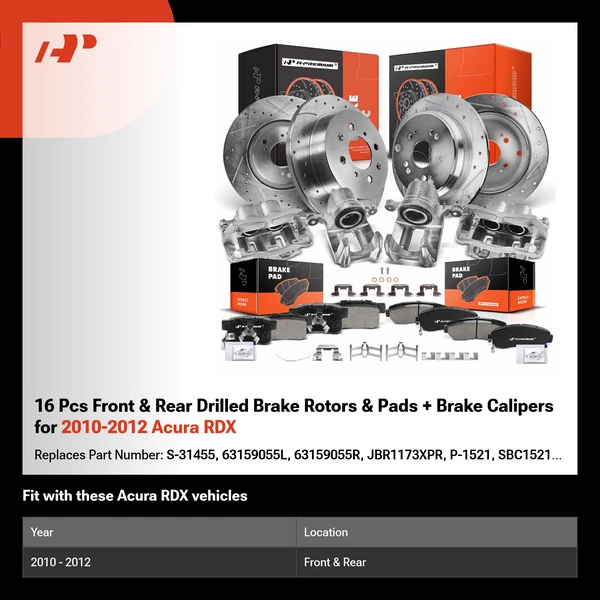 16 Pcs Front & Rear Drilled Brake Rotors & Pads + Brake Calipers for 2010-2012 Acura RDX