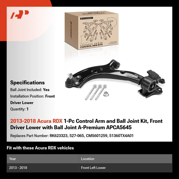 2013-2018 Acura RDX 1-Pc Control Arm and Ball Joint Kit, Front Driver Lower with Ball Joint A-Premium APCA5645