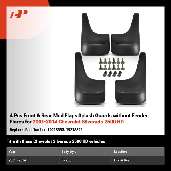 4 Pcs Front & Rear Mud Flaps Splash Guards without Fender Flares for 2001-2014 Chevrolet Silverado 2500 HD