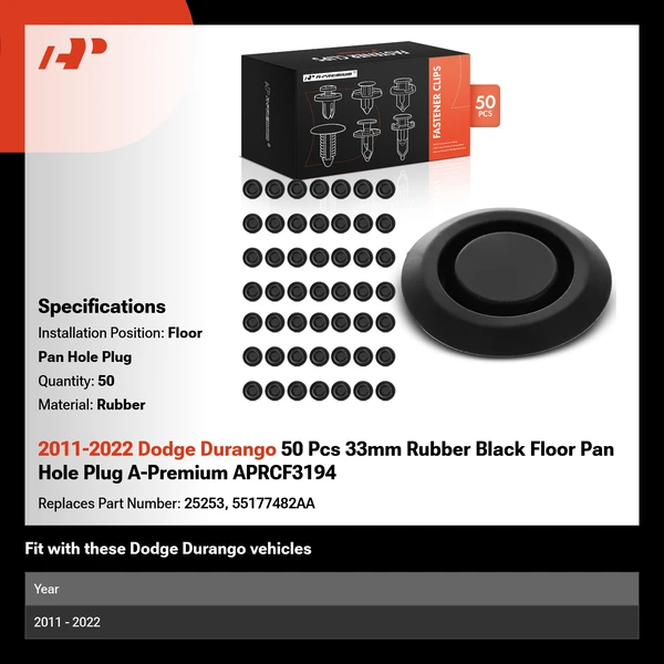 2011-2022 Dodge Durango 50 Pcs 33mm Rubber Black Floor Pan Hole Plug A-Premium APRCF3194