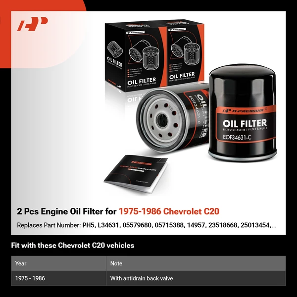2 Pcs Engine Oil Filter for 1975-1986 Chevrolet C20