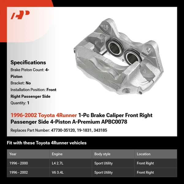 1996-2002 Toyota 4Runner 1-Pc Brake Caliper Front Right Passenger Side 4-Piston A-Premium APBC0078