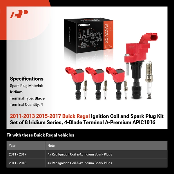 2011-2013 2015-2017 Buick Regal Ignition Coil and Spark Plug Kit Set of 8 Iridium Series, 4-Blade Terminal A-Premium APIC1016