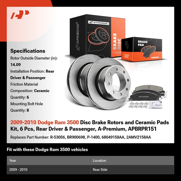 2009-2010 Dodge Ram 3500 Disc Brake Rotors and Ceramic Pads Kit, 6 Pcs, Rear Driver & Passenger, A-Premium, APBRPR151