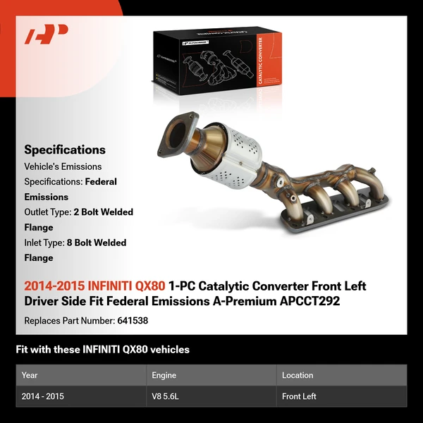 2014-2015 INFINITI QX80 1-PC Catalytic Converter Front Left Driver Side Fit Federal Emissions A-Premium APCCT292