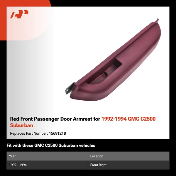 Red Front Passenger Door Armrest for 1992-1994 GMC C2500 Suburban