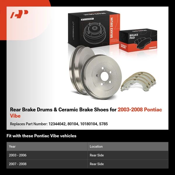 Rear Brake Drums & Ceramic Brake Shoes for 2003-2008 Pontiac Vibe
