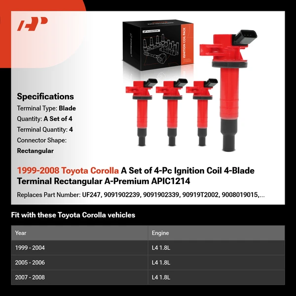 1999-2008 Toyota Corolla A Set of 4-Pc Ignition Coil 4-Blade Terminal Rectangular A-Premium APIC1214