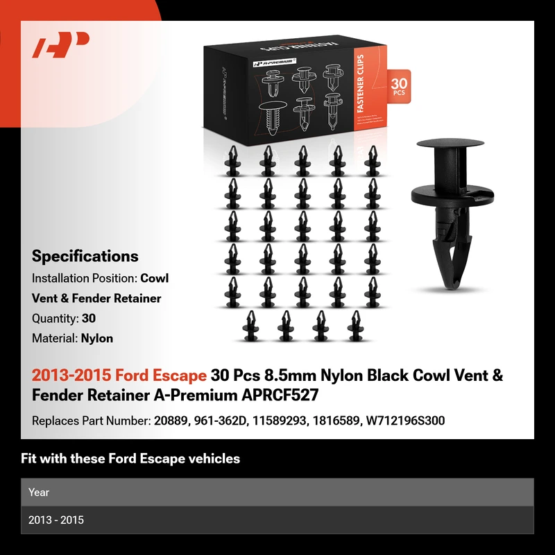 2013-2015 Ford Escape 30 Pcs 8.5mm Nylon Black Cowl Vent & Fender Retainer A-Premium APRCF527
