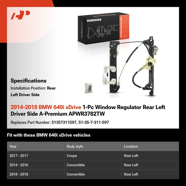 2014-2018 BMW 640i xDrive 1-Pc Window Regulator Rear Left Driver Side A-Premium APWR3782TW